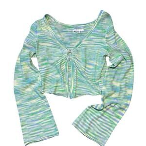 American Eagle Y2K Cropped Medium Key Hole Bell Sleeve Green Blue Hippie Shirt